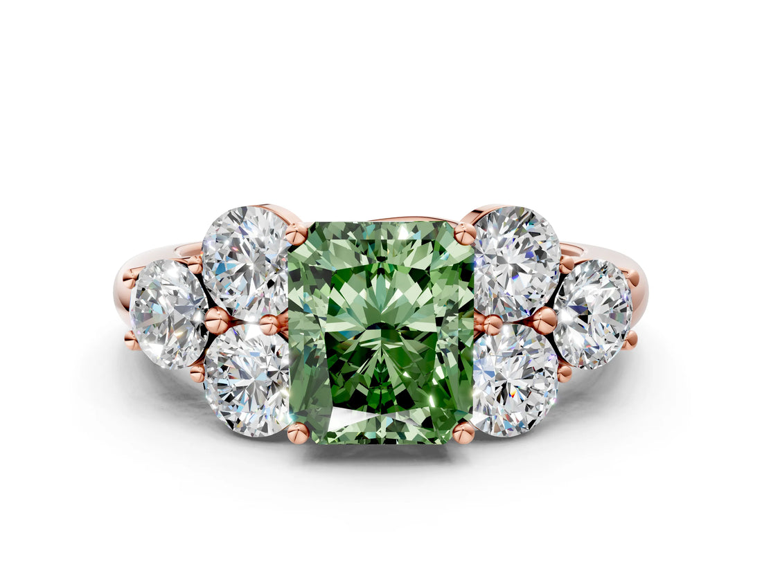 Rose gold Fancy Green Radiant  Cut Diamond Cluster Ring with Round Accent Stones and Prong Setting on a Classic Band_71