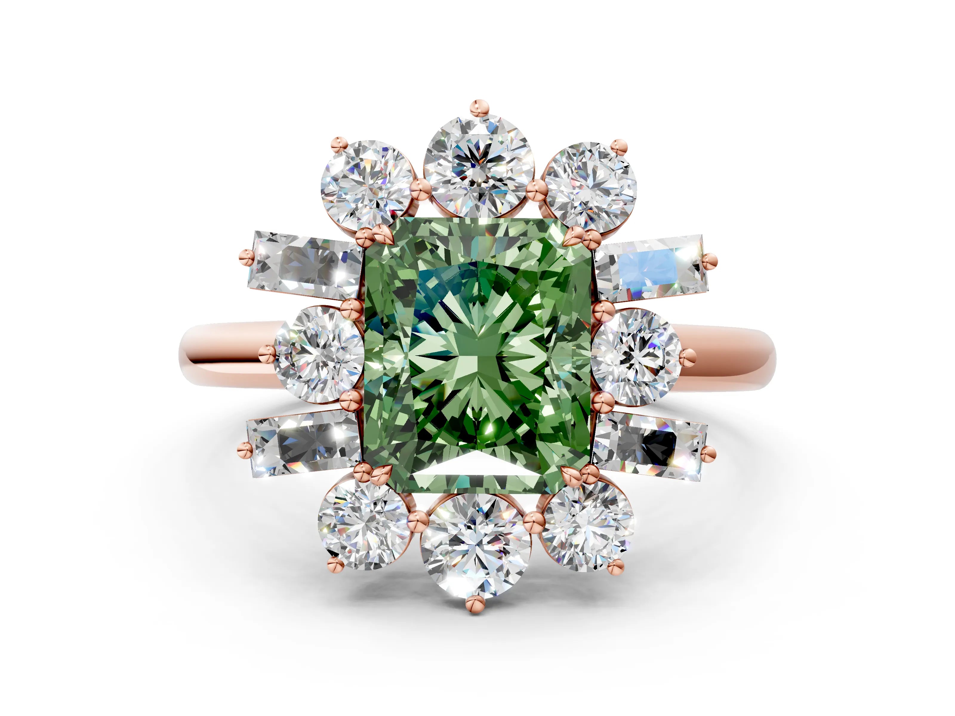 Rose gold Fancy Green Radiant Cut Diamond Cluster Ring with Round and Baguette Stones, Split Shank Band, Prong Setting