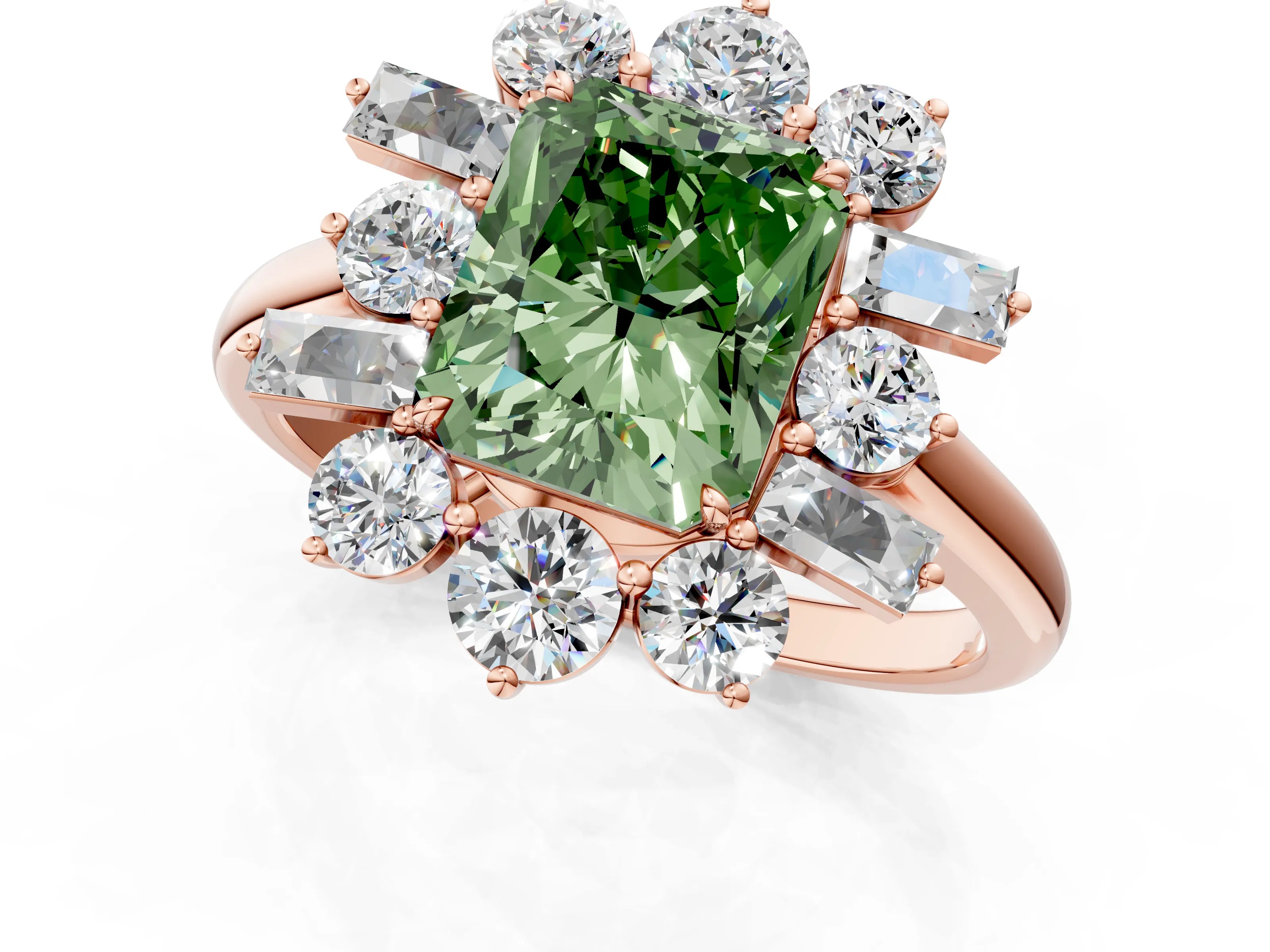 Rose gold Fancy Green Radiant Cut Diamond Cluster Ring with Round and Baguette Stones, Split Shank Band, Prong Setting_1
