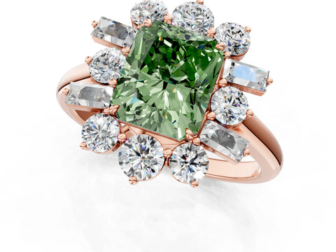 Rose gold Fancy Green Radiant Cut Diamond Cluster Ring with Round and Baguette Stones, Split Shank Band, Prong Setting_1