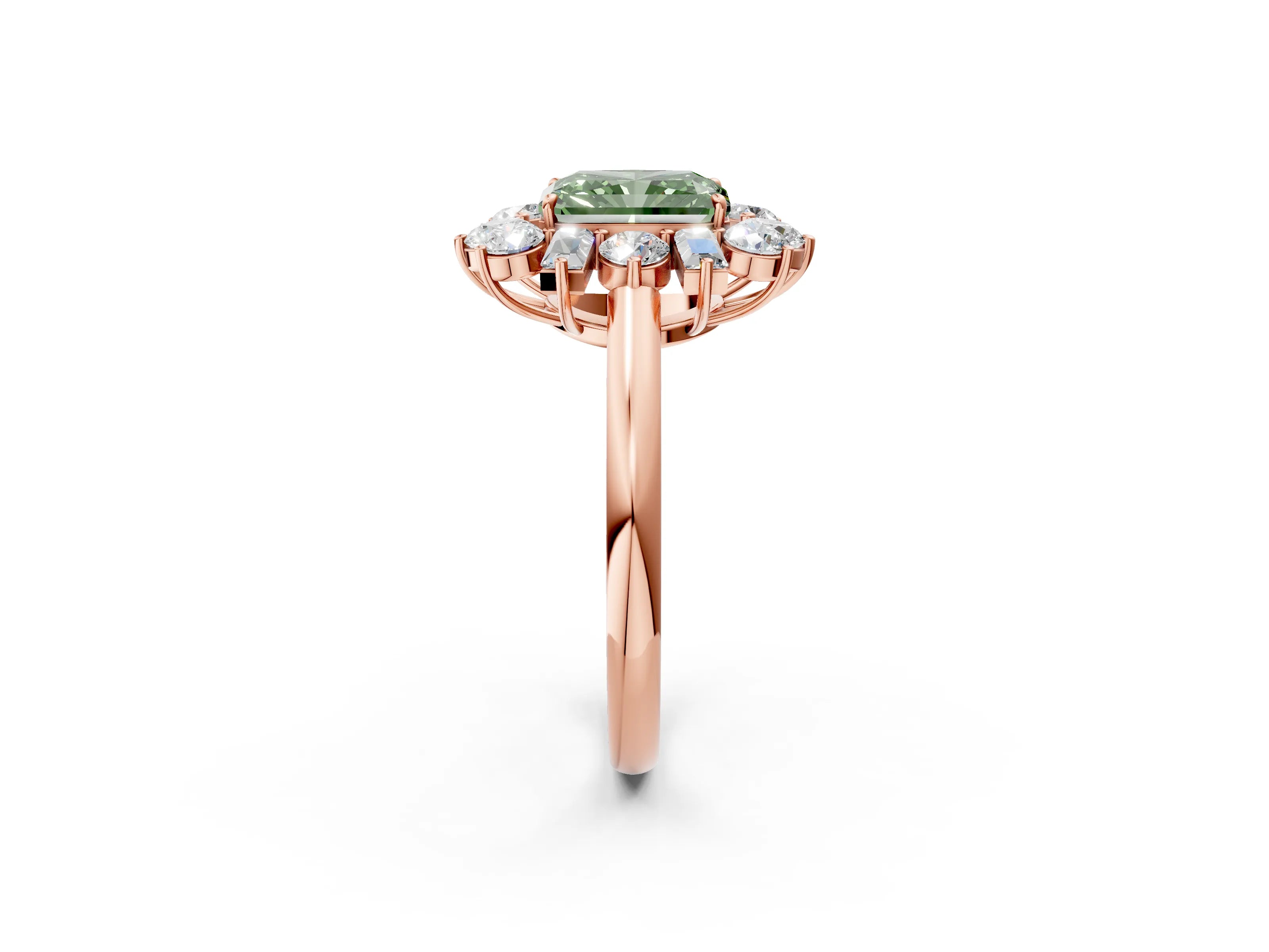 Rose gold Fancy Green Radiant Cut Diamond Cluster Ring with Round and Baguette Stones, Split Shank Band, Prong Setting_2