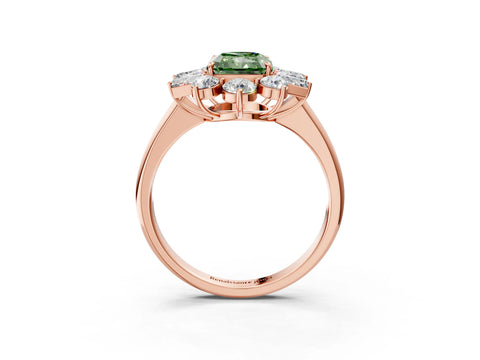 Rose gold Fancy Green Radiant Cut Diamond Cluster Ring with Round and Baguette Stones, Split Shank Band, Prong Setting_3