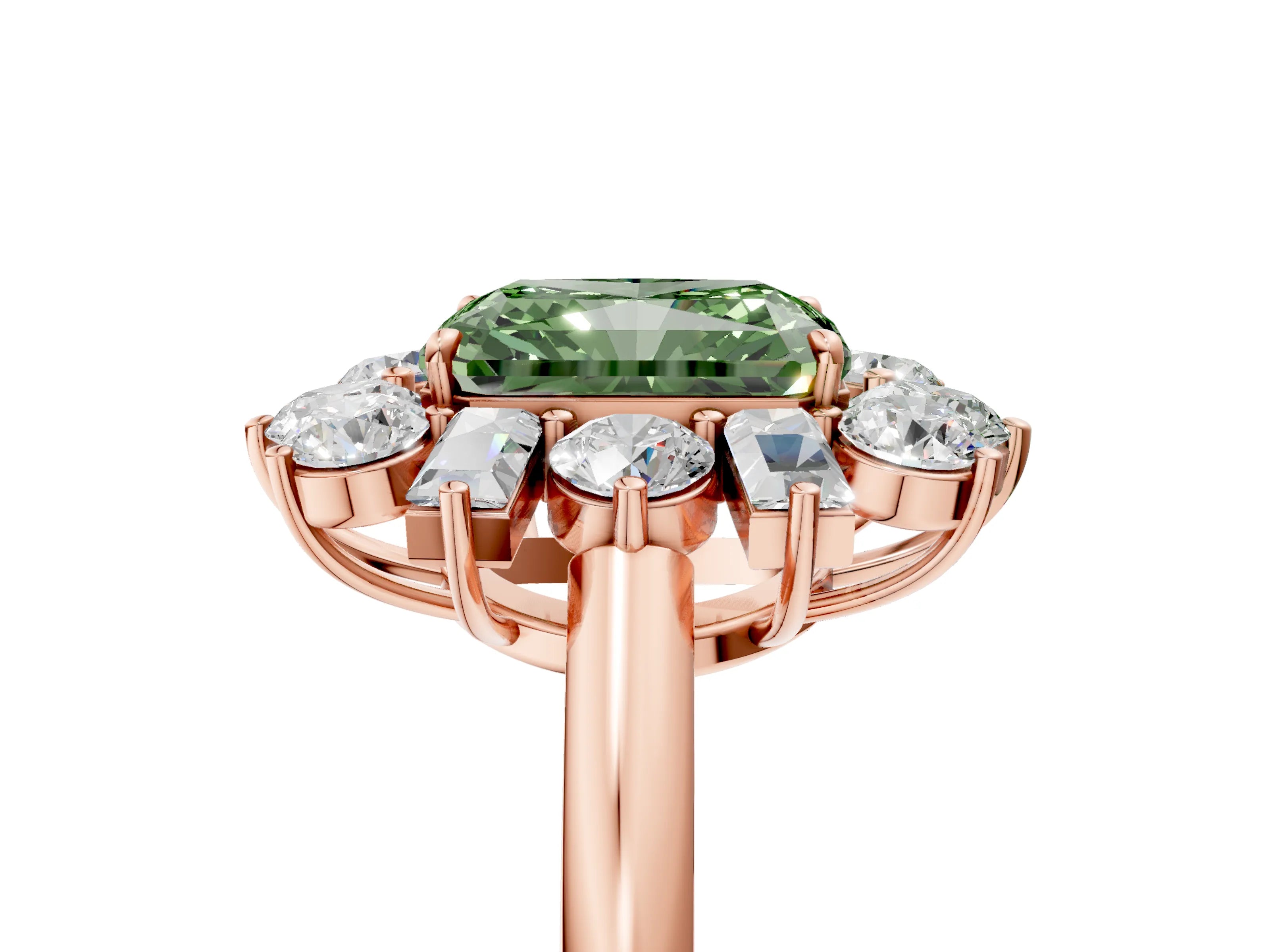 Rose gold Fancy Green Radiant Cut Diamond Cluster Ring with Round and Baguette Stones, Split Shank Band, Prong Setting_5