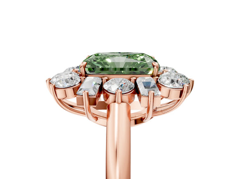 Rose gold Fancy Green Radiant Cut Diamond Cluster Ring with Round and Baguette Stones, Split Shank Band, Prong Setting_5