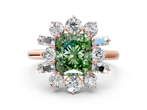 Rose gold Fancy Green Radiant Cut Diamond Cluster Ring with Round and Baguette Stones, Split Shank Band, Prong Setting