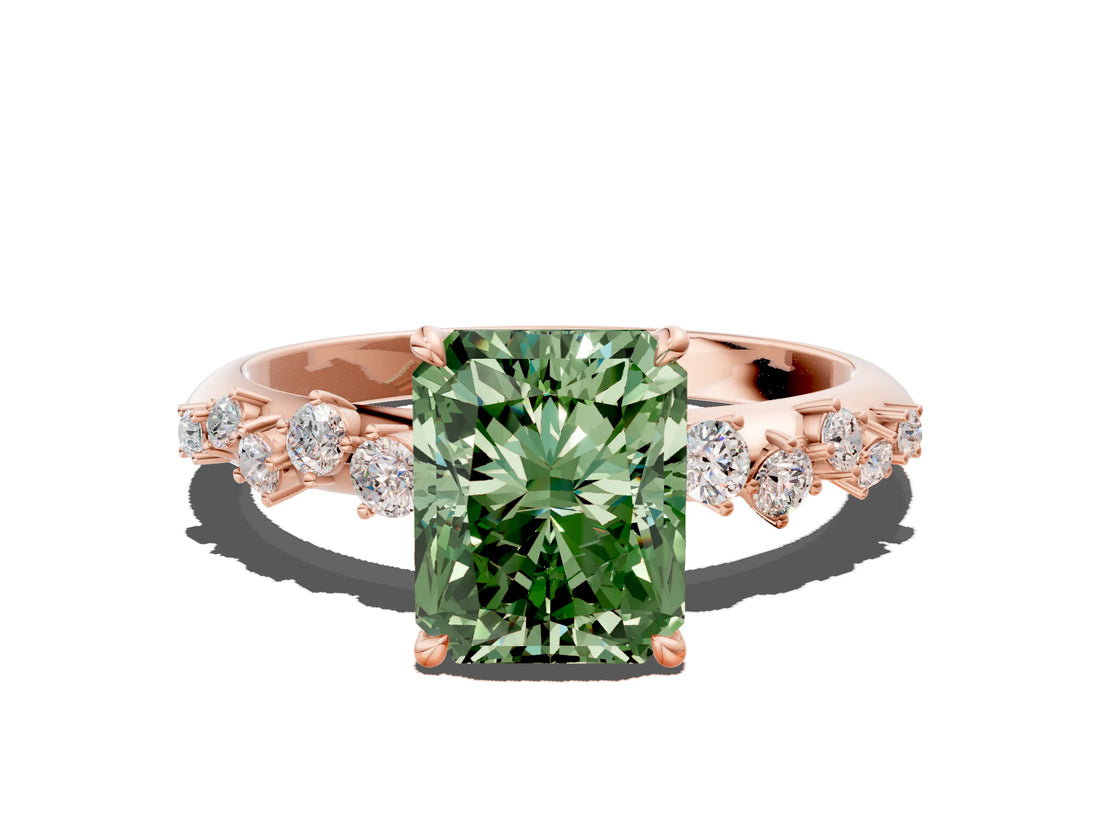 Rose gold Fancy Green Radiant Cut Diamond Cluster Side Stone Solitaire Ring with Prong Setting_53