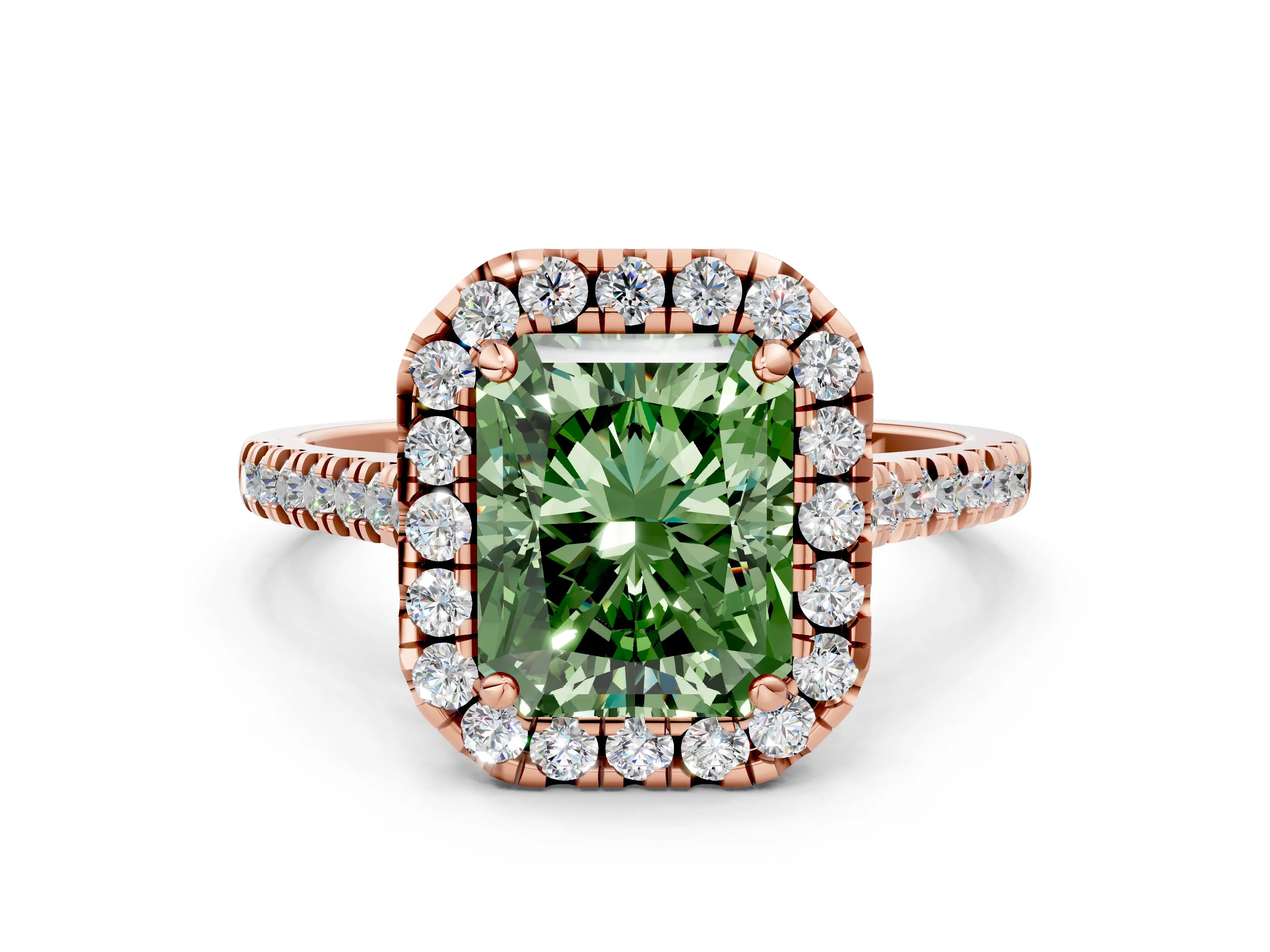 Rose gold Fancy Green Radiant Cut Diamond Cushion Halo Ring with Pavé Band