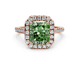 Rose gold Fancy Green Radiant Cut Diamond Cushion Halo Ring with Pavé Band