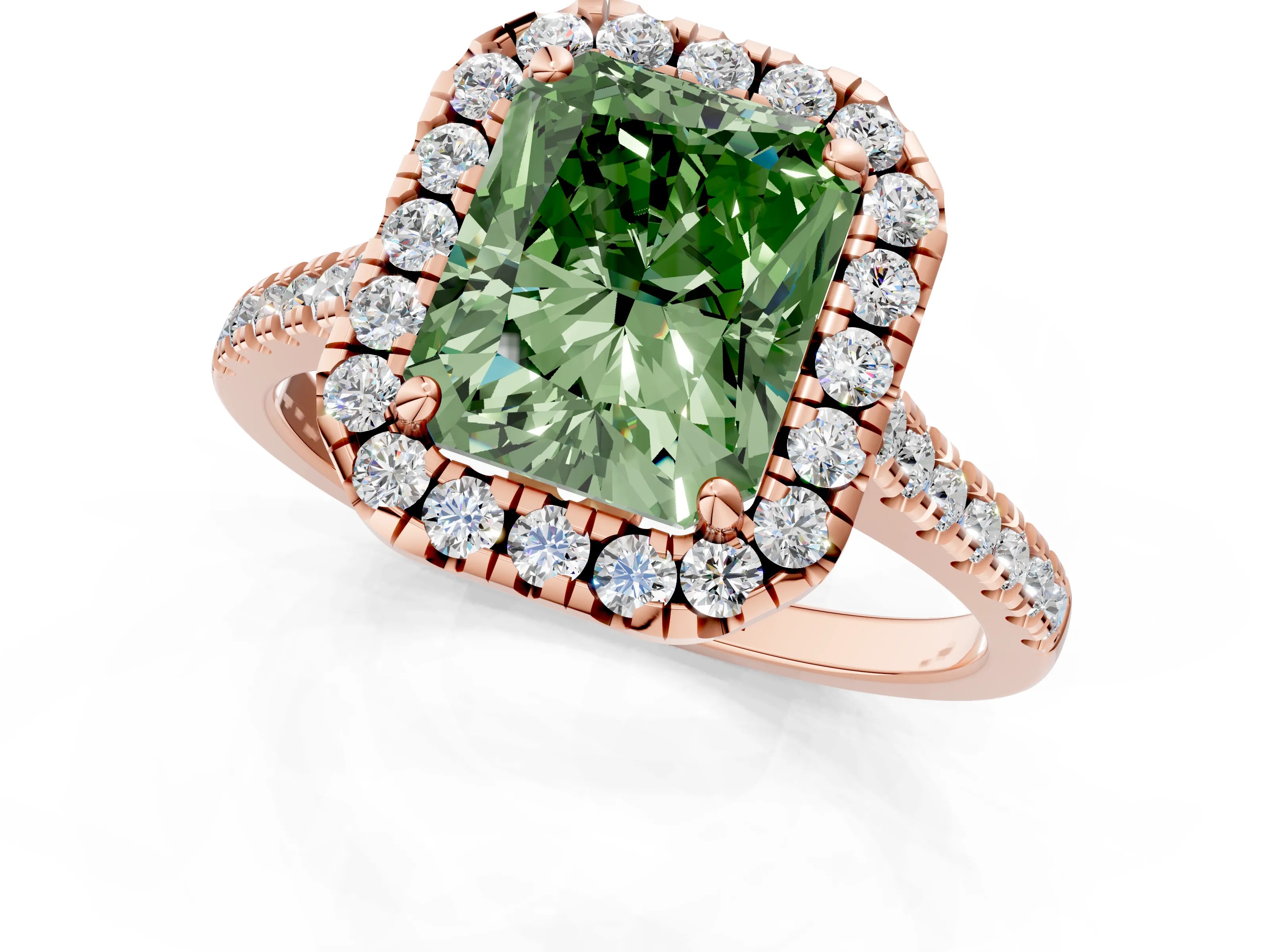 Rose gold Fancy Green Radiant Cut Diamond Cushion Halo Ring with Pavé Band_1