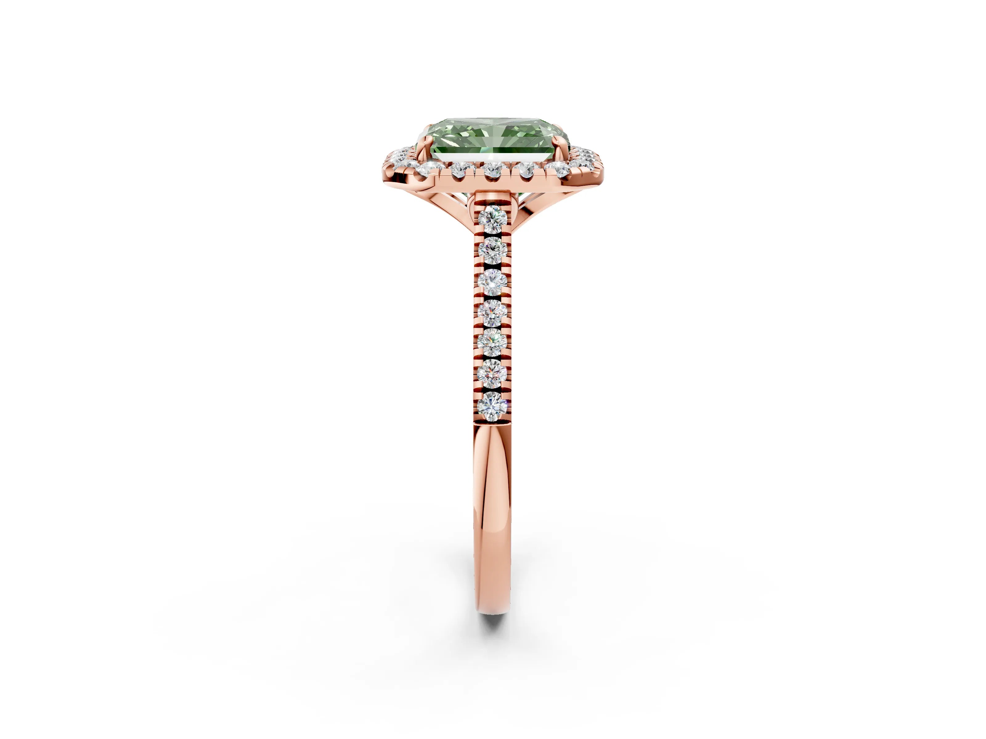 Rose gold Fancy Green Radiant Cut Diamond Cushion Halo Ring with Pavé Band_2
