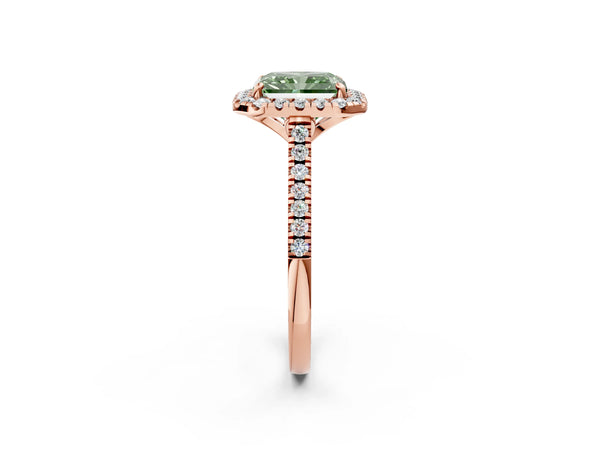 Rose Gold Radiant Cut Contoured Halo Pave Engagement Ring Setting for Fancy Green Center