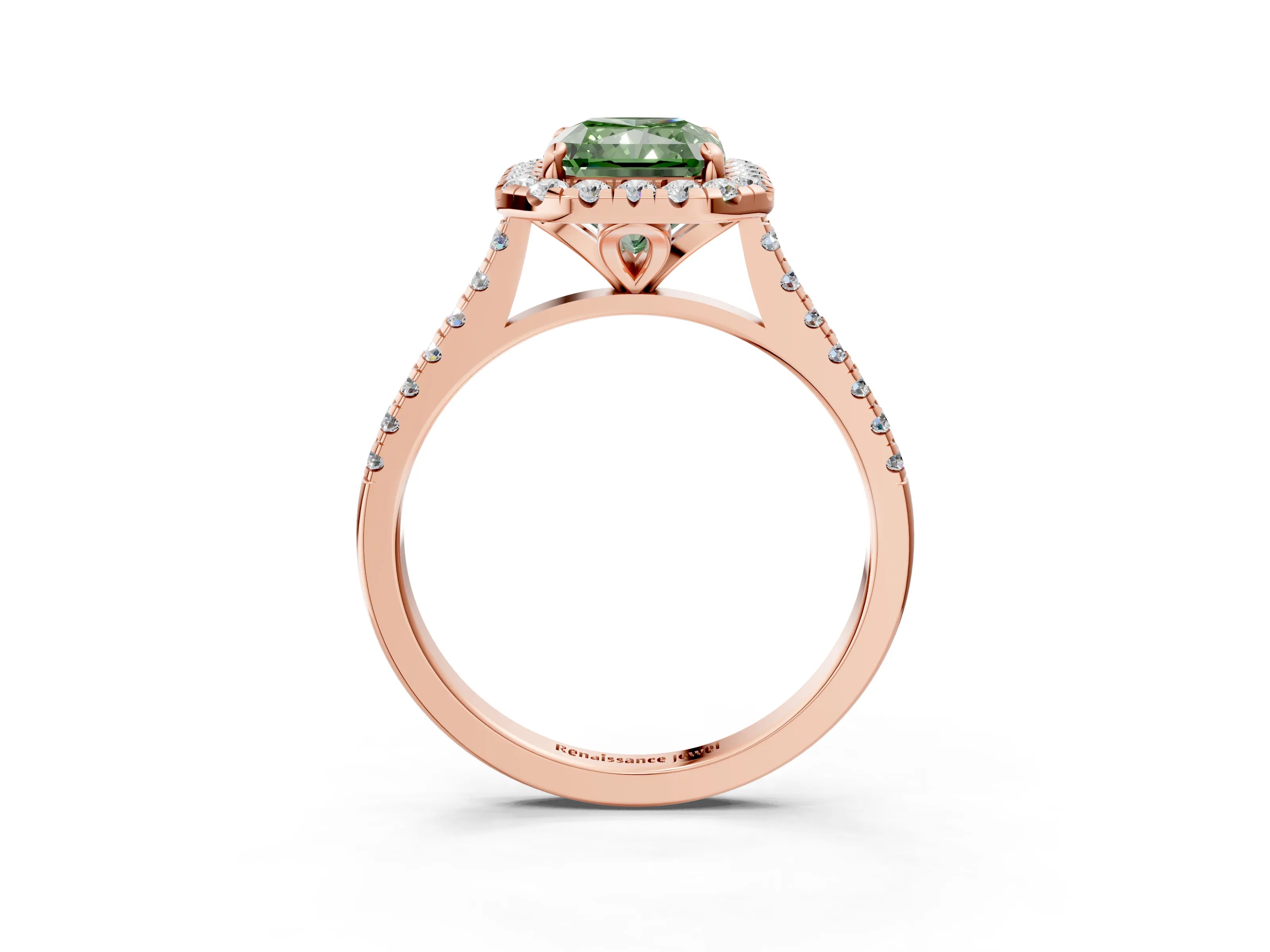 Rose gold Fancy Green Radiant Cut Diamond Cushion Halo Ring with Pavé Band_3