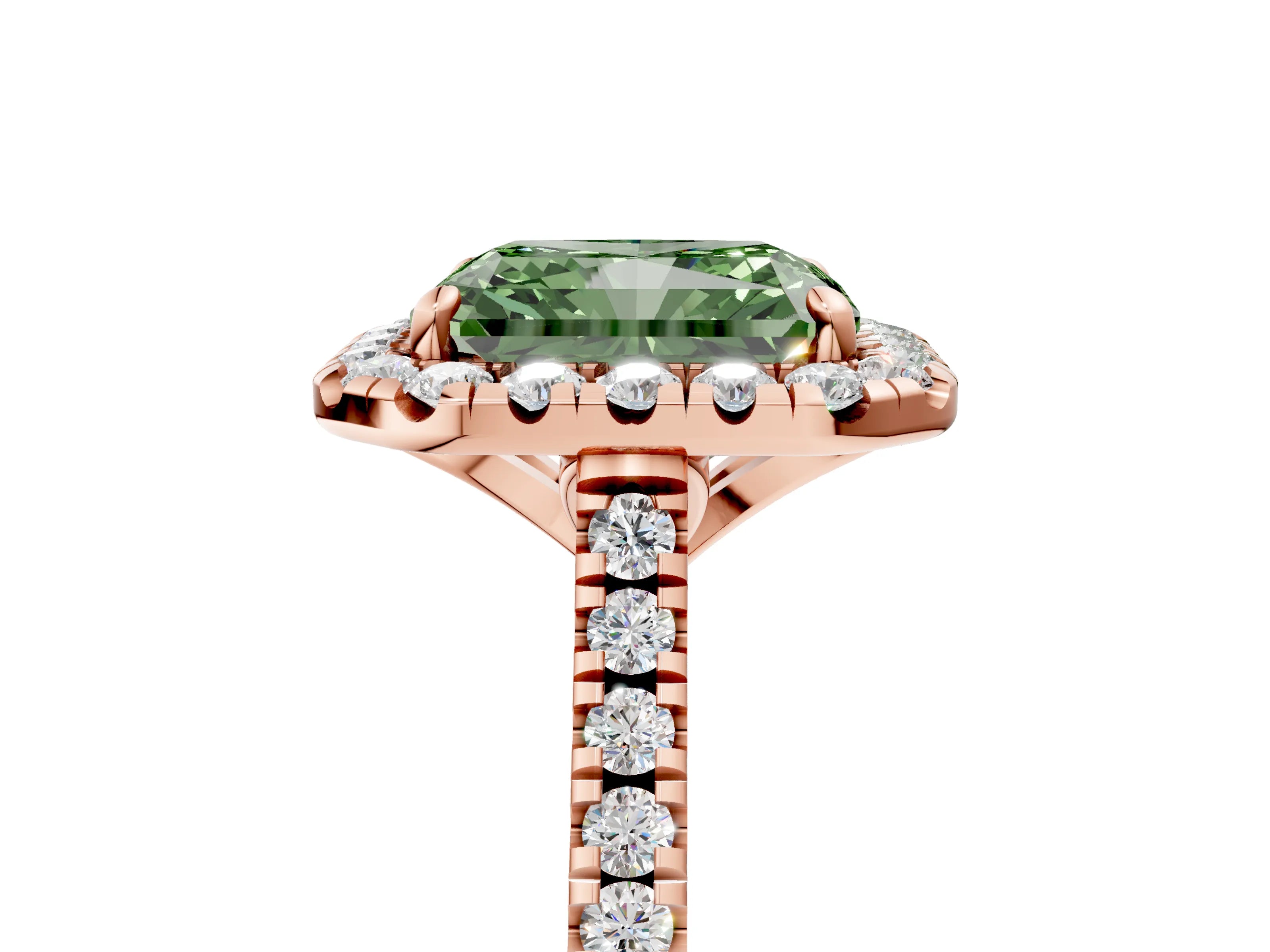 Rose gold Fancy Green Radiant Cut Diamond Cushion Halo Ring with Pavé Band_5