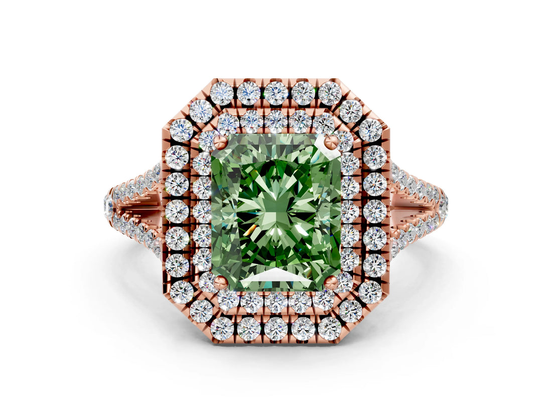 Rose gold Fancy Green Radiant Cut Diamond Double Halo Ring with Pavé Band and Prong Setting_89