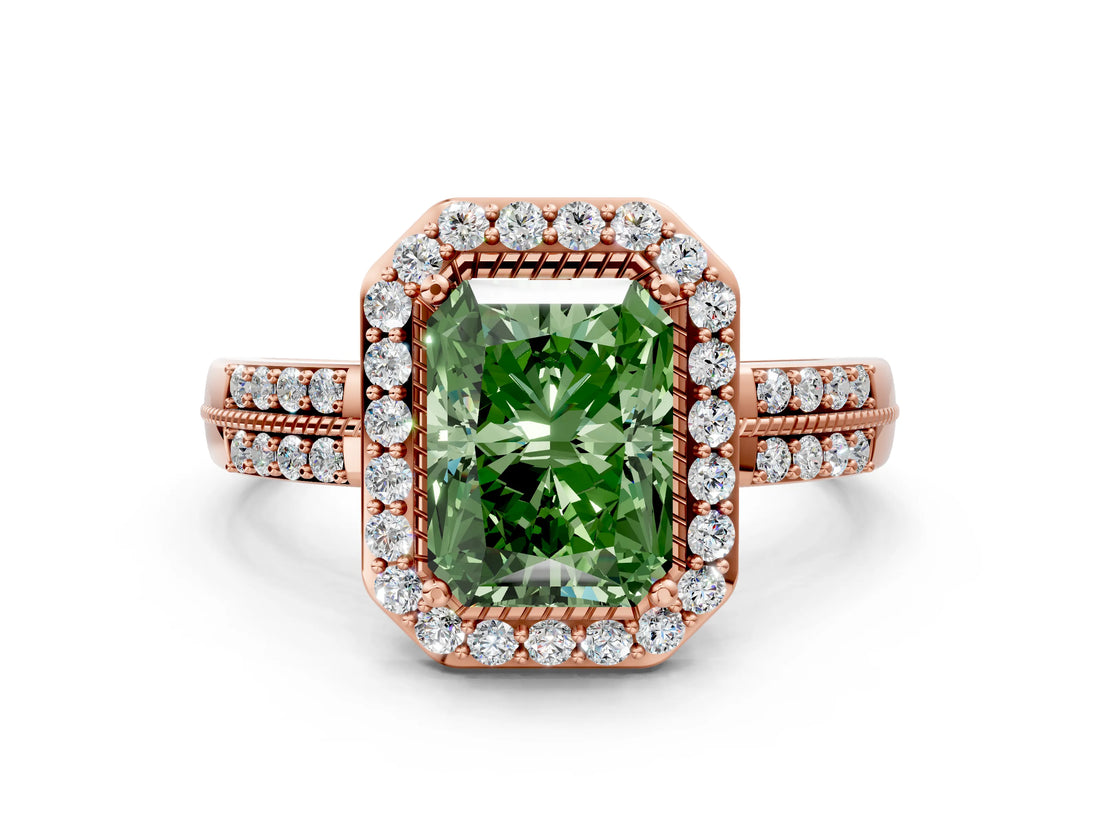 Rose gold Fancy Green Radiant Cut Diamond Double Halo Ring with Split Shank and Four-Prong Setting_12