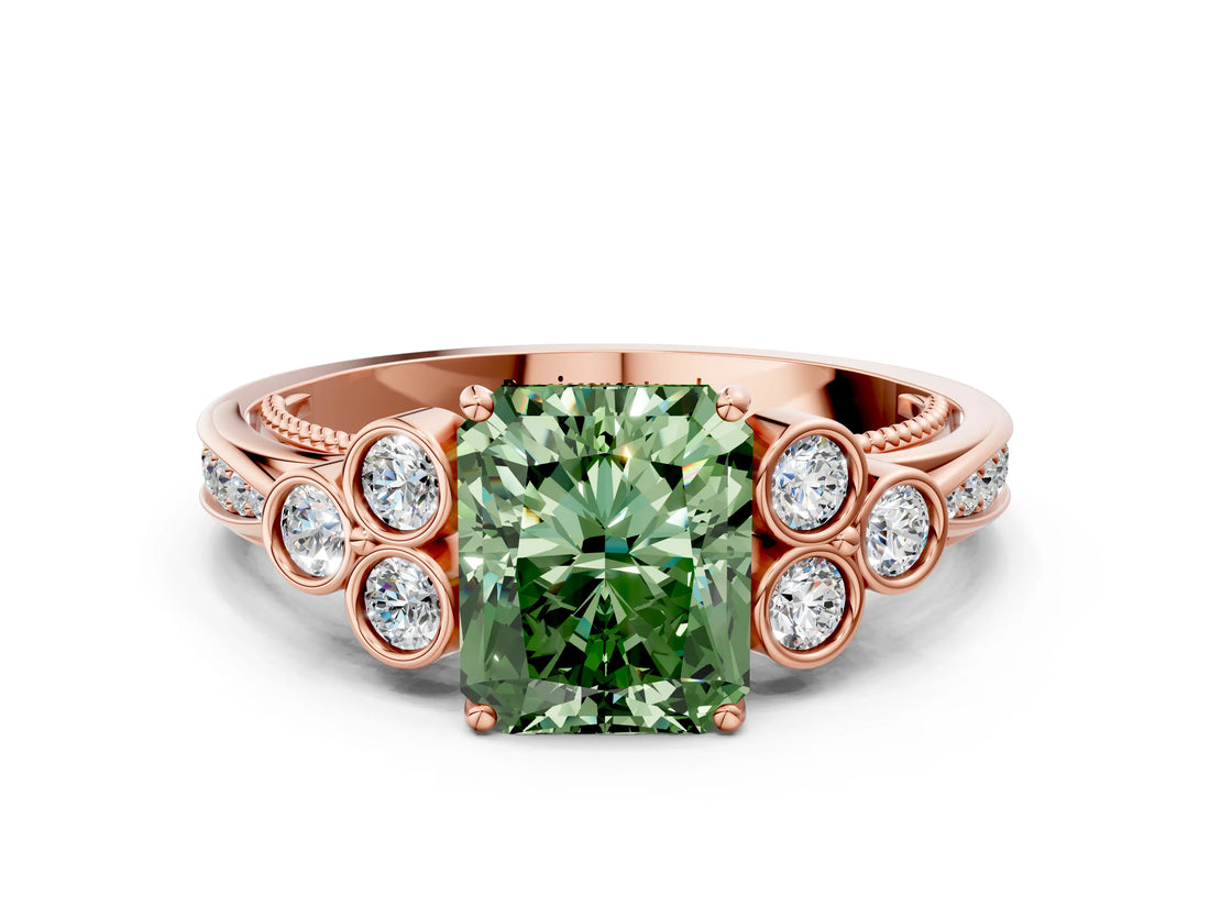 Rose gold Fancy Green Radiant  Cut Diamond Engagement Ring with Bezel Set Round Side Stones and Prong Setting_49