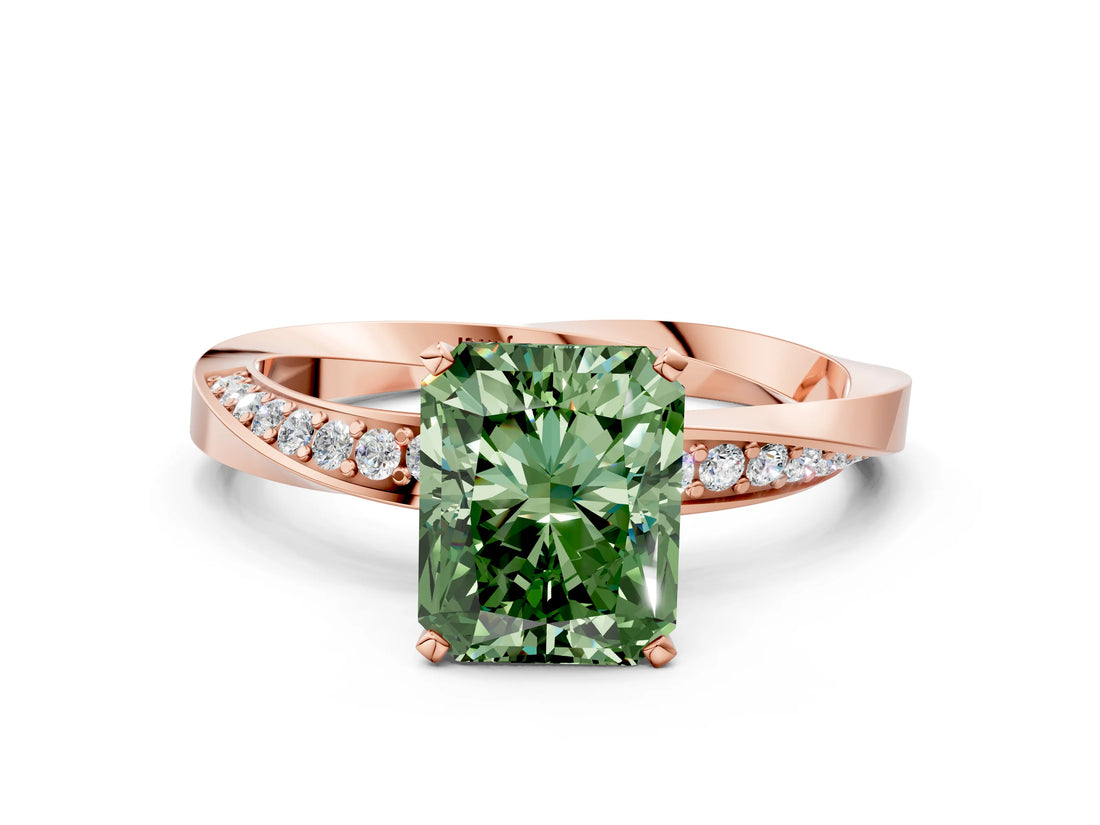 Rose gold Fancy Green Radiant Cut Diamond Engagement Ring with Side Stone Accents and Four-Prong Setting_12