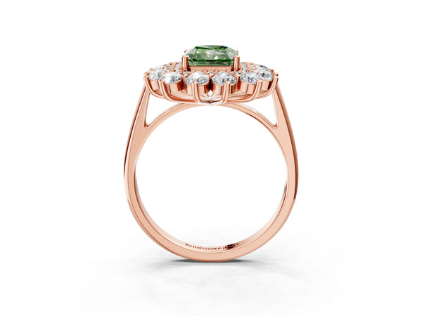 Rose Gold Radiant Cut Floral Double Halo Engagement Ring Setting for Fancy Green Center