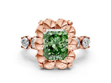 Rose gold Fancy Green Radiant  Cut Diamond Floral Halo Engagement Ring with Shared Prong Setting 1