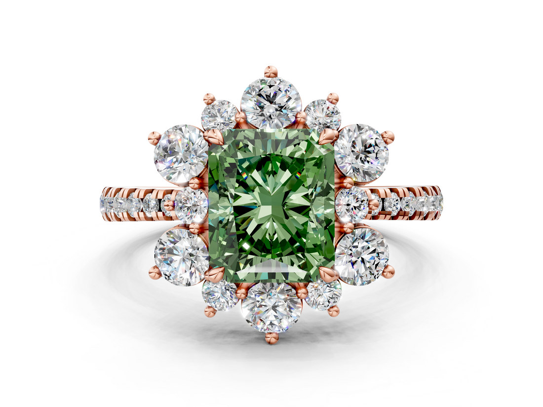 Rose gold Fancy Green Radiant  Cut Diamond Floral Halo Pave Band with Prong Setting_35