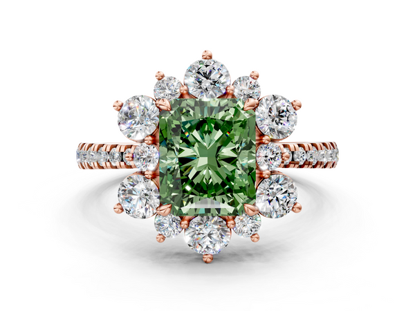 Rose gold Fancy Green Radiant  Cut Diamond Floral Halo Pave Band with Prong Setting