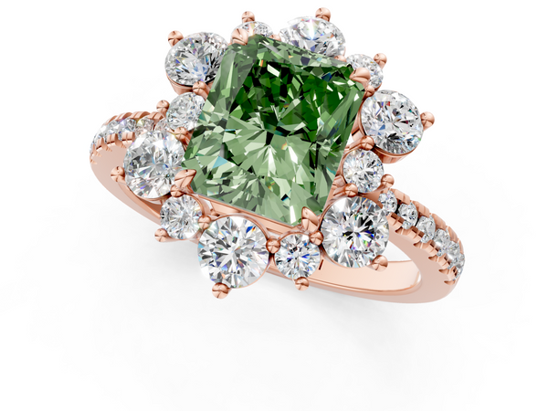 Rose gold Fancy Green Radiant  Cut Diamond Floral Halo Pave Band with Prong Setting
