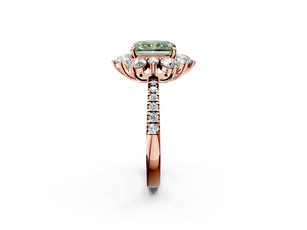 Rose gold Fancy Green Radiant  Cut Diamond Floral Halo Pave Band with Prong Setting