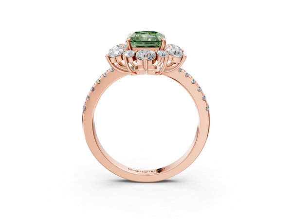 Rose gold Fancy Green Radiant  Cut Diamond Floral Halo Pave Band with Prong Setting