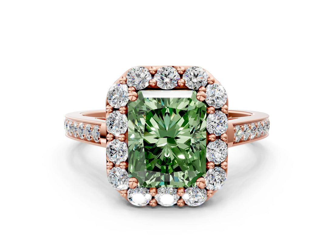Rose gold Fancy Green Radiant Cut Diamond Floral Halo Ring with Pavé Band and Prong Setting_3