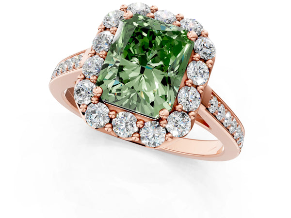 Rose gold Fancy Green Radiant Cut Diamond Floral Halo Ring with Pavé Band and Prong Setting