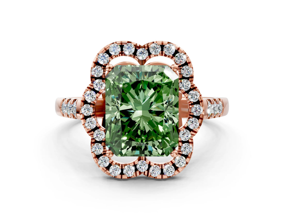 Rose gold Fancy Green Radiant Cut Diamond Floral Halo Split Shank Prong Setting Ring