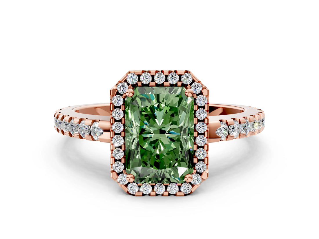 Rose gold Fancy Green Radiant Cut Diamond Halo Engagement Ring with Pavé Band and Prong Setting_27