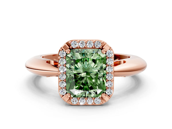 Rose gold Fancy Green Radiant  Cut Diamond Halo Engagement Ring with Split Shank and Four-Prong Setting