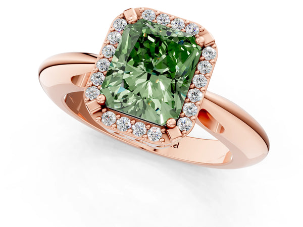 Rose gold Fancy Green Radiant  Cut Diamond Halo Engagement Ring with Split Shank and Four-Prong Setting