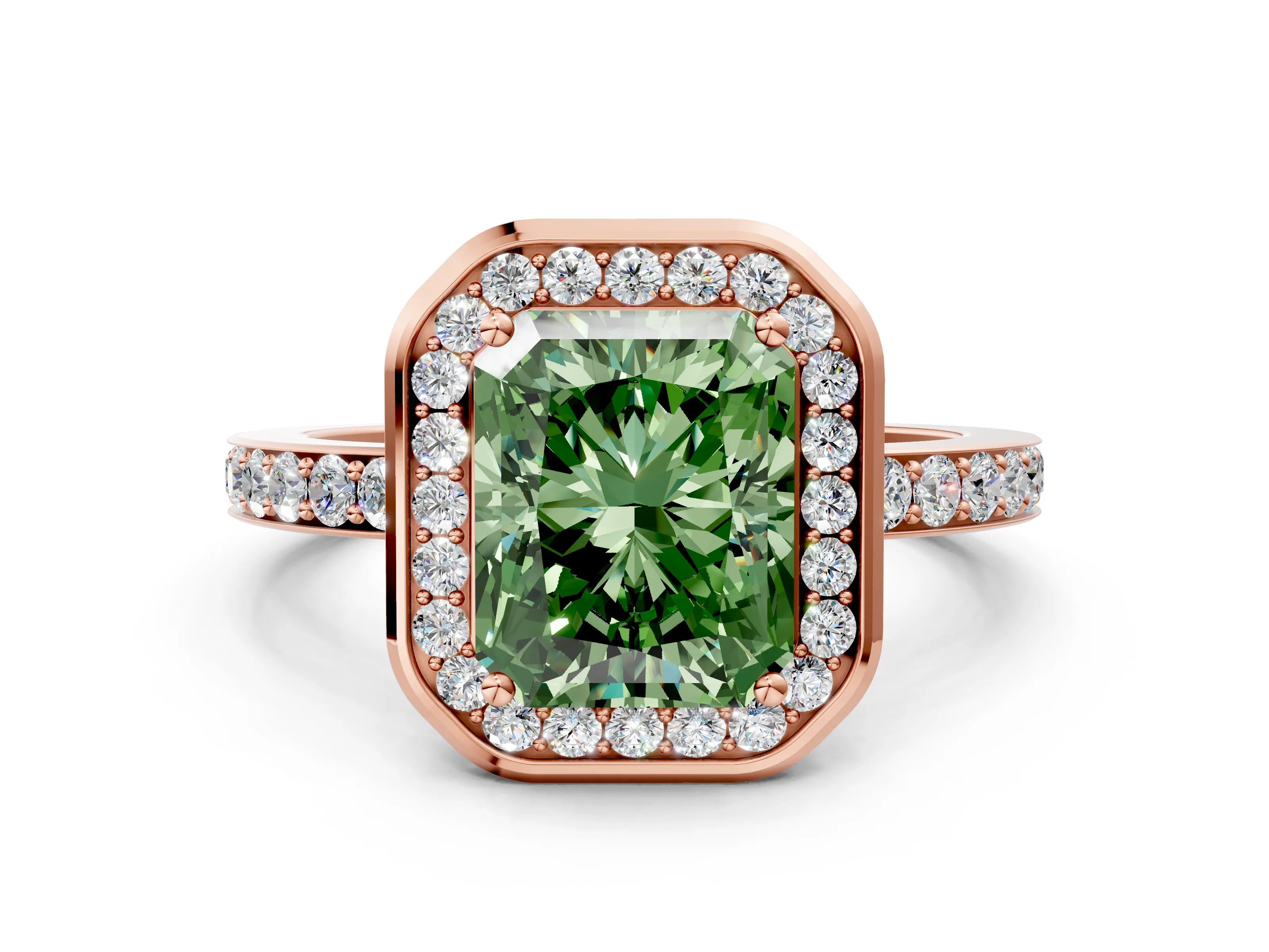 Rose gold Fancy Green Radiant Cut Diamond Halo Ring with Bezel Frame and Pavé Band