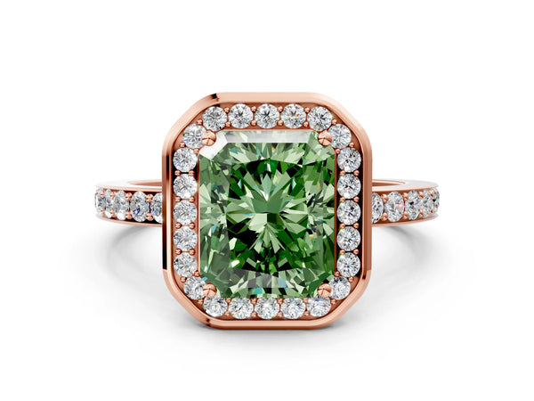 Rose gold Fancy Green Radiant Cut Diamond Halo Ring with Bezel Frame and Pavé Band