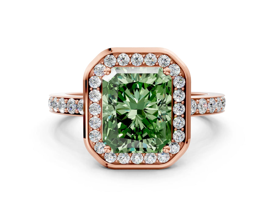 Rose gold Fancy Green Radiant Cut Diamond Halo Ring with Bezel Frame and Pavé Band