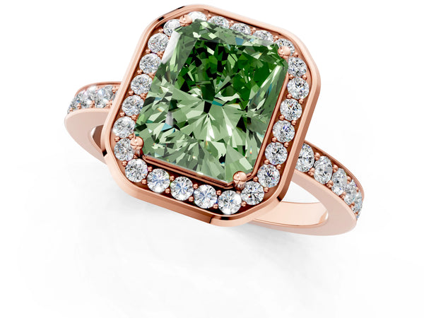 Rose gold Fancy Green Radiant Cut Diamond Halo Ring with Bezel Frame and Pavé Band