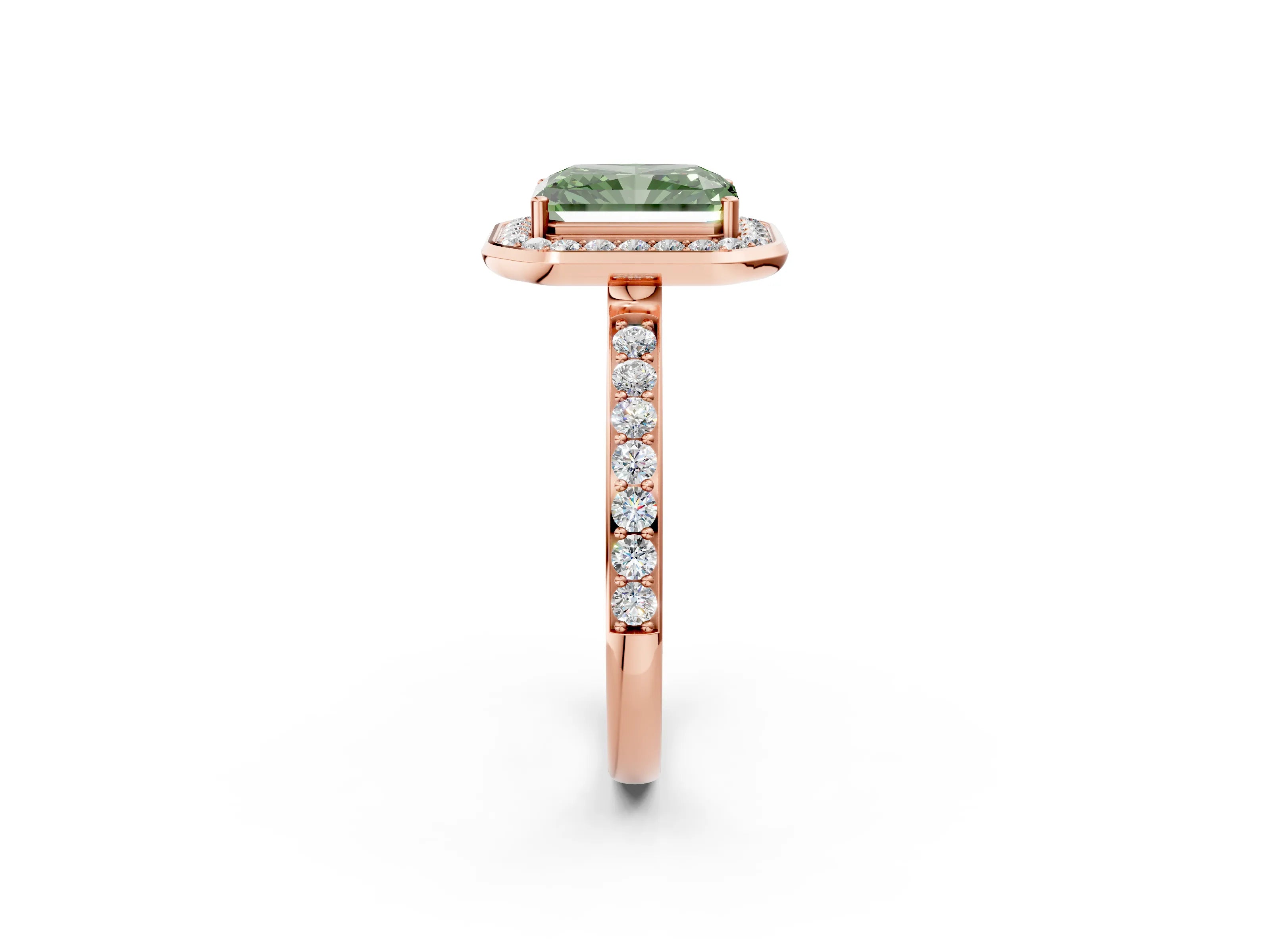 Rose gold Fancy Green Radiant Cut Diamond Halo Ring with Bezel Frame and Pavé Band_2