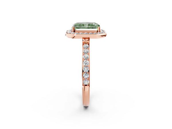 Rose gold Fancy Green Radiant Cut Diamond Halo Ring with Bezel Frame and Pavé Band