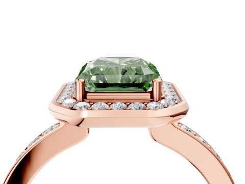 Rose gold Fancy Green Radiant Cut Diamond Halo Ring with Bezel Frame and Pavé Band_4