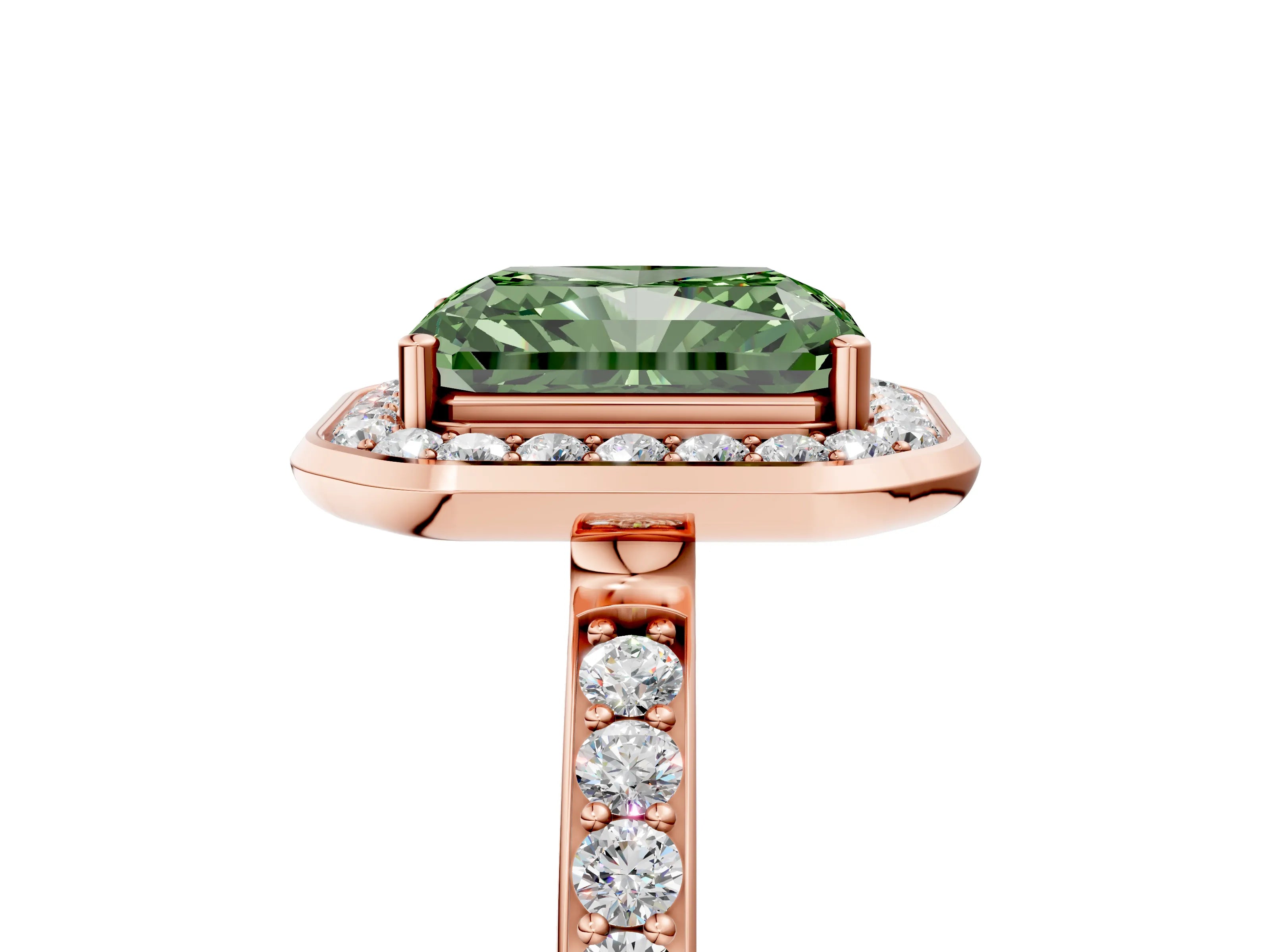 Rose gold Fancy Green Radiant Cut Diamond Halo Ring with Bezel Frame and Pavé Band_5