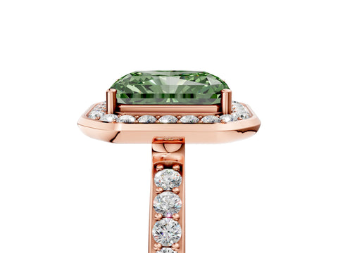 Rose gold Fancy Green Radiant Cut Diamond Halo Ring with Bezel Frame and Pavé Band_5