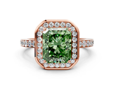 Rose gold Fancy Green Radiant Cut Diamond Halo Ring with Bezel Frame and Pavé Band