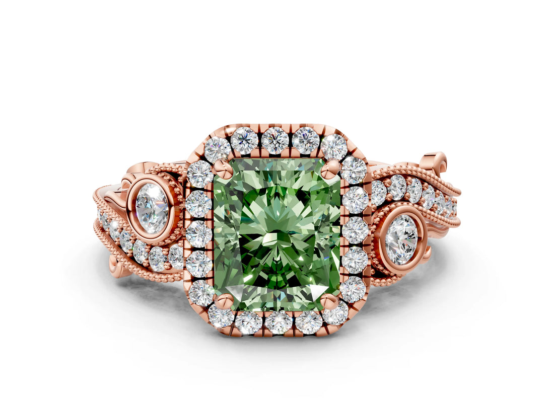 Rose gold Fancy Green Radiant Cut Diamond Halo Ring with Milgrain Pavé Band and Four-Prong Setting_54