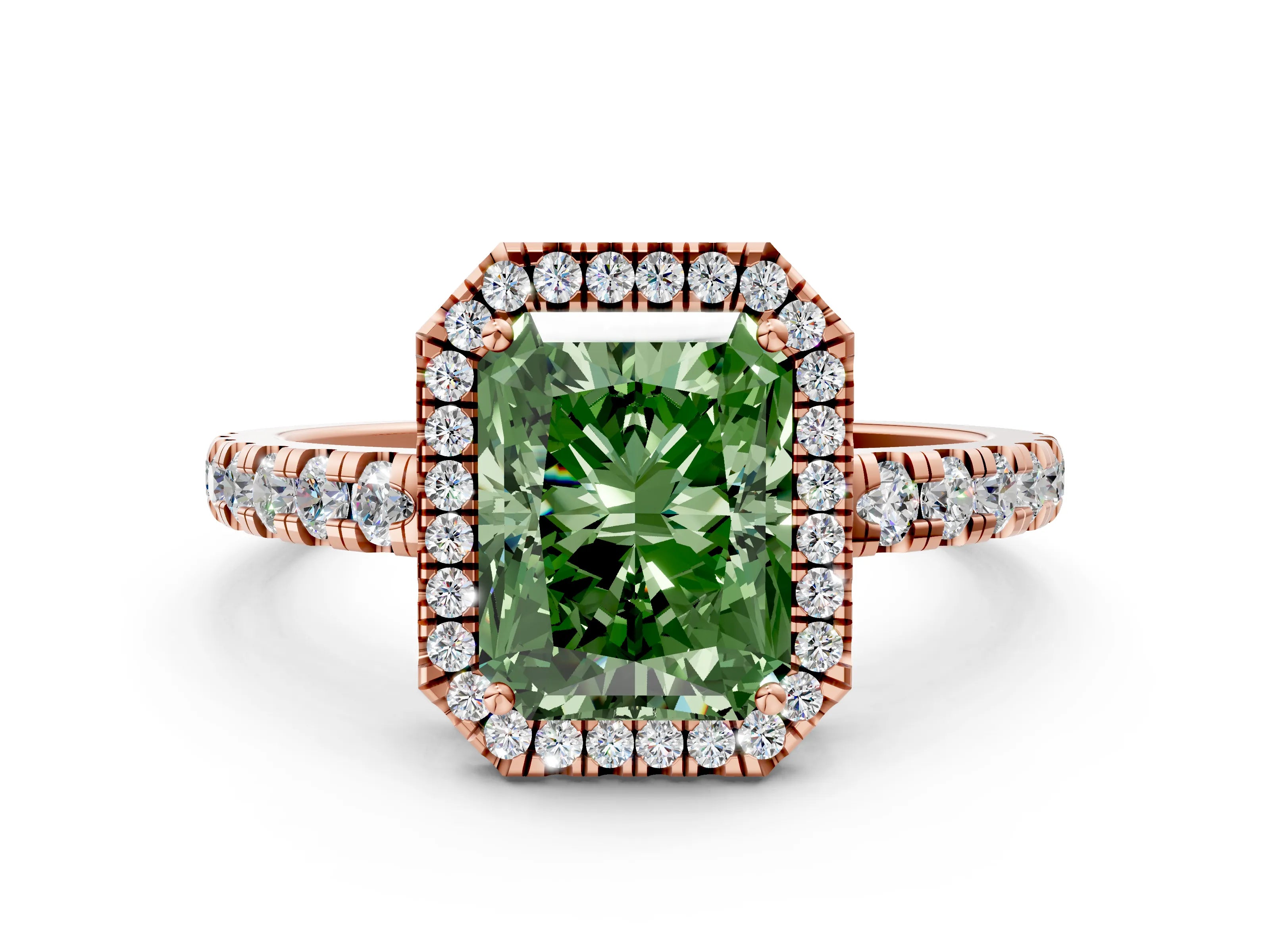 Rose gold Fancy Green Radiant Cut Diamond Halo Ring with Pavé Band and Four-Prong Setting