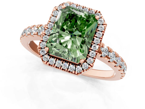 Rose gold Fancy Green Radiant Cut Diamond Halo Ring with Pavé Band and Four-Prong Setting_1