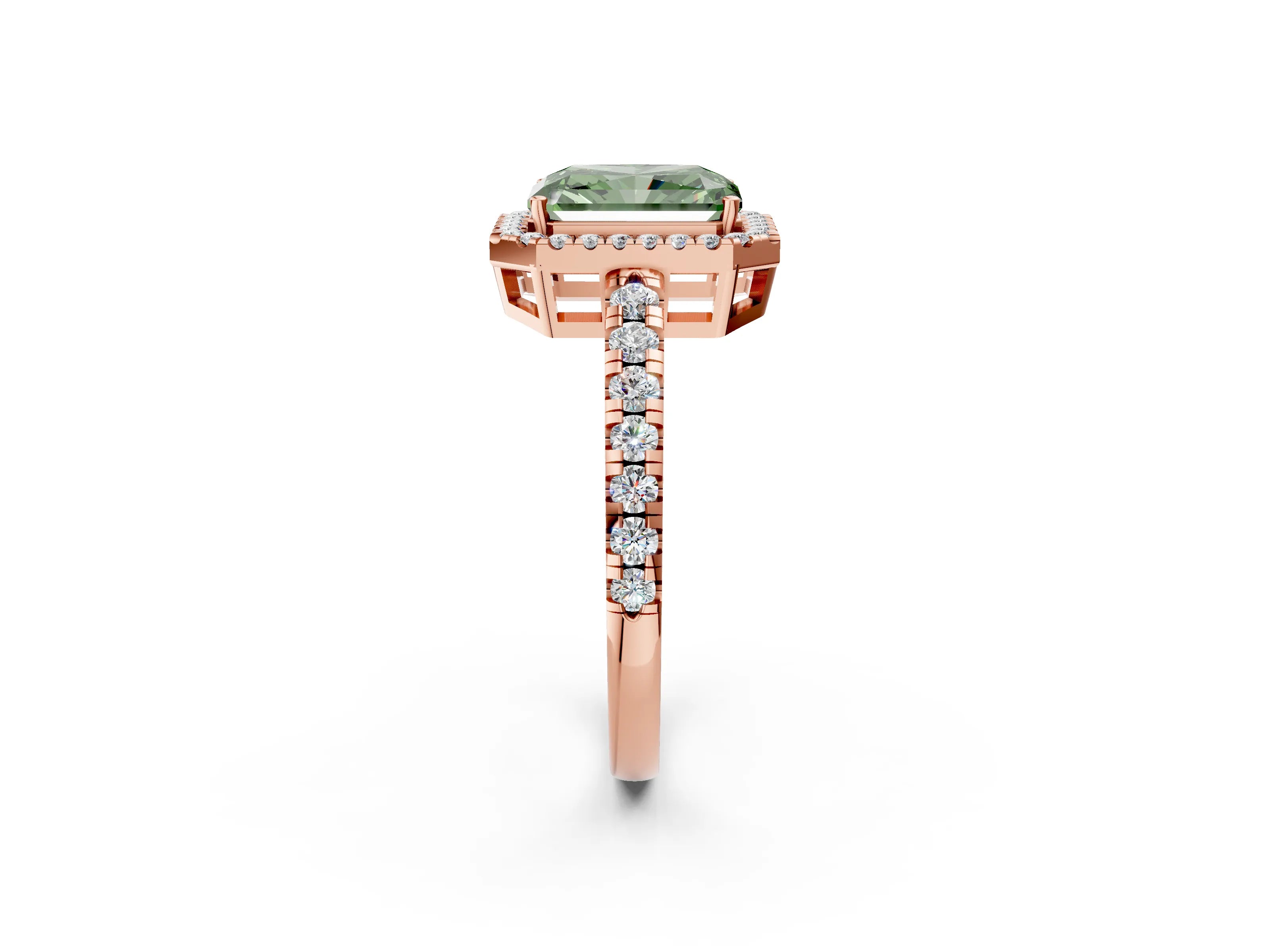 Rose gold Fancy Green Radiant Cut Diamond Halo Ring with Pavé Band and Four-Prong Setting_2