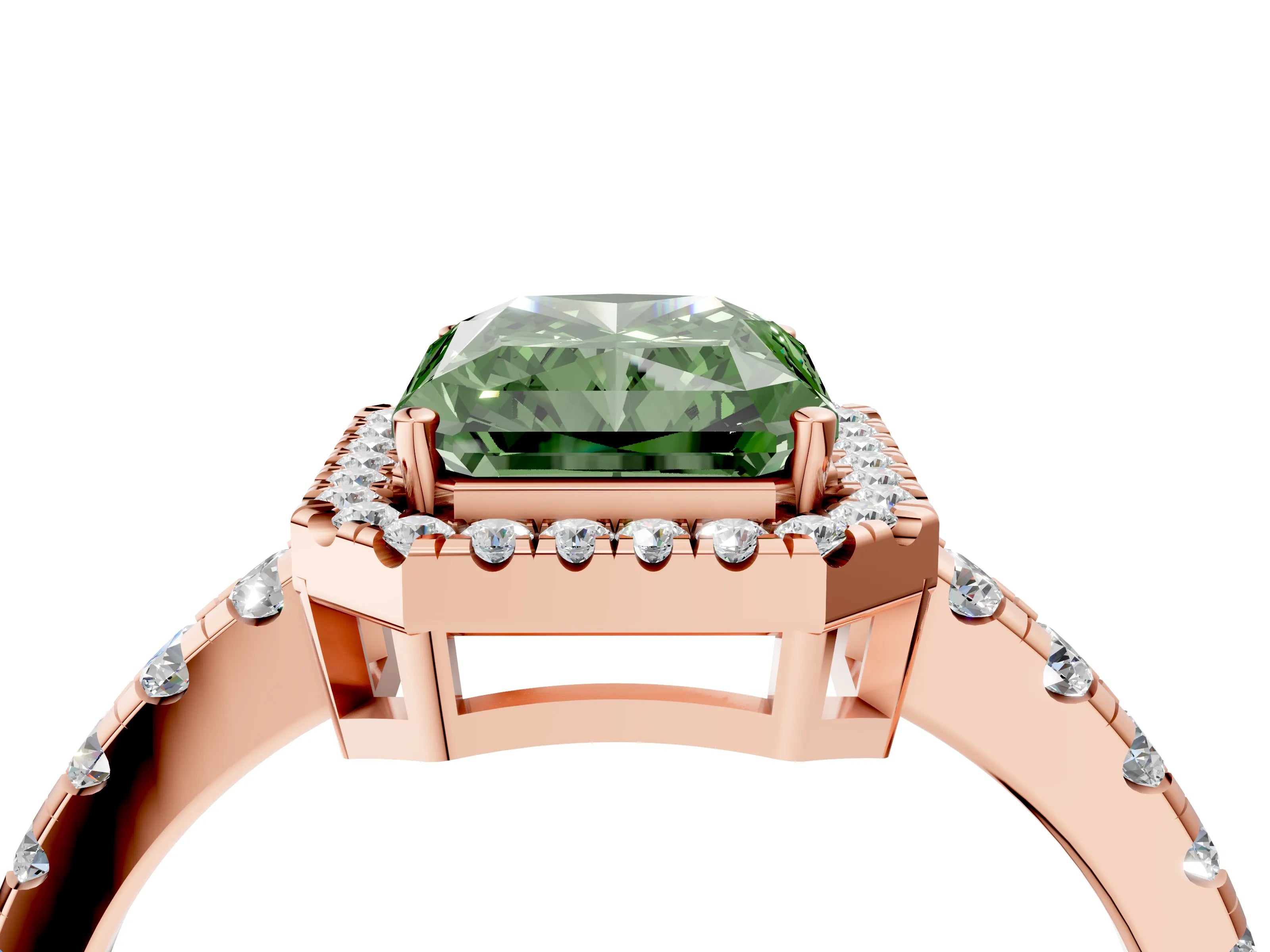 Rose gold Fancy Green Radiant Cut Diamond Halo Ring with Pavé Band and Four-Prong Setting_4