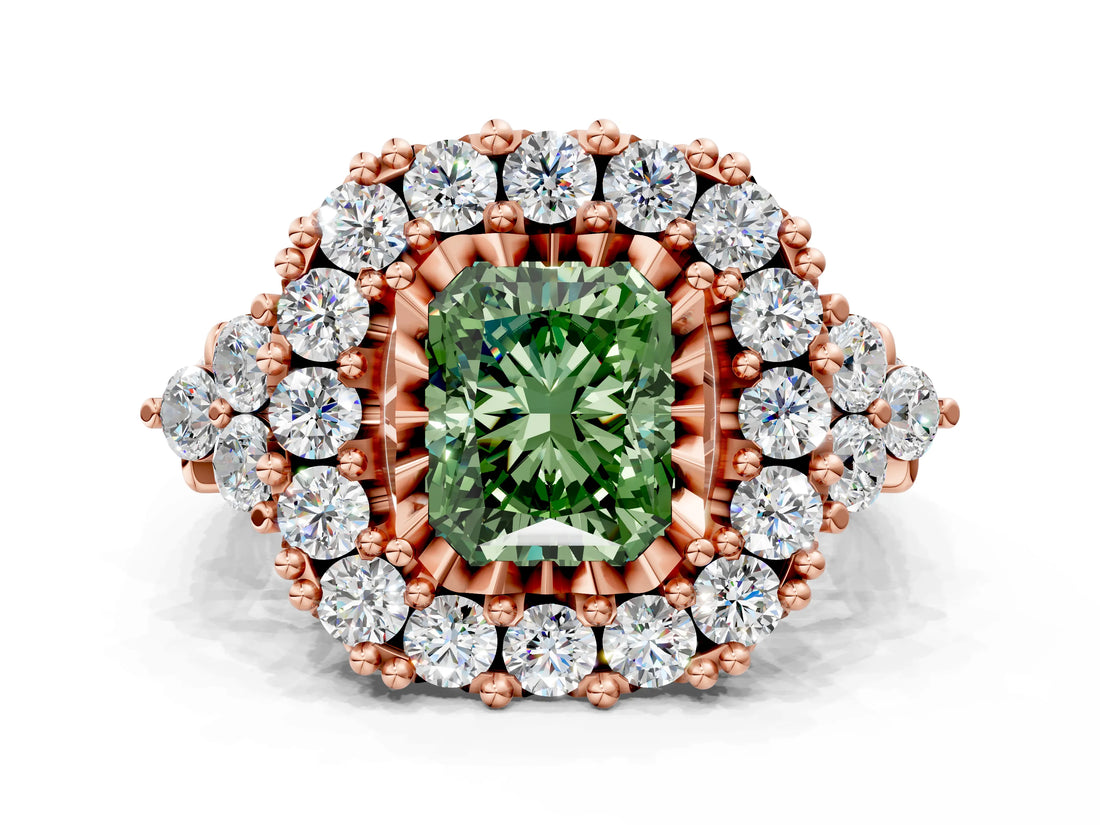 Rose gold Fancy Green Radiant Cut Diamond Halo Ring with Pavé Band and Four-Prong Setting_41